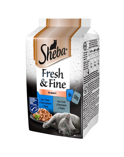 SHEBA Fresh & Fine pre mačky v omáčke s lososom, tuniakom, treskou 6 x 50 g
