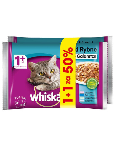 WHISKAS Adult vrecko 4x100g rybacina - vlhké krmivo pre mačky v želé (s lososom, tuniakom, morským lososom, s bielymi rybami)