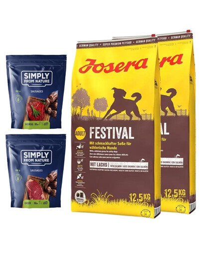 JOSERA Festival 25kg (2x12,5kg) + SIMPLY FROM NATURE prírodné párky s jeleným mäsom 2x200 g