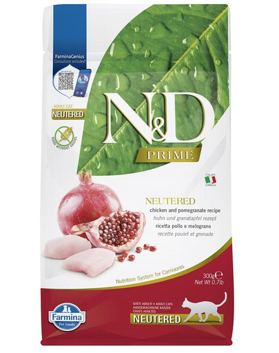 FARMINA N&D Prime Adult Cat Neutered Chicken&Pomegranate 300g kuracie mäso s plodmi granátového jablka pre dospelé kastrované mačky