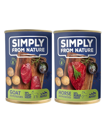 SIMPLY FROM NATURE Krmivo pre psov 400 g – kozie mäso so zemiakmi + konské mäso so zemiakmi   12 ks