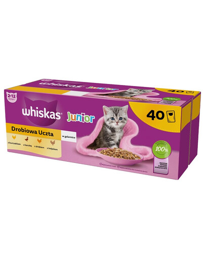 WHISKAS Junior Hydinové hody 40x85g krmivo s kuracím, kačacím, hydinovým a morčacím mäsom v želé pre mačiatka