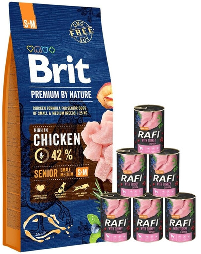 BRIT Premium By Nature Senior Small Medium S+M 15 kg + mokré krmivo s morčacím mäsom 6x400 g