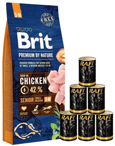 BRIT Premium By Nature Senior Small Medium S+M 15 kg + mokré krmivo s hydinou 6x1240 g