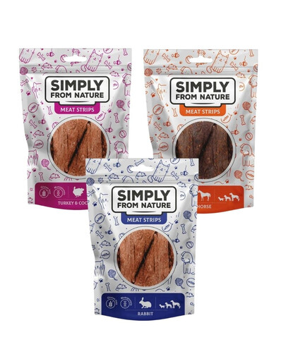 SIMPLY FROM NATURE Meat Strips maškrty s králikom, konským mäsom a morkou 3x80 g