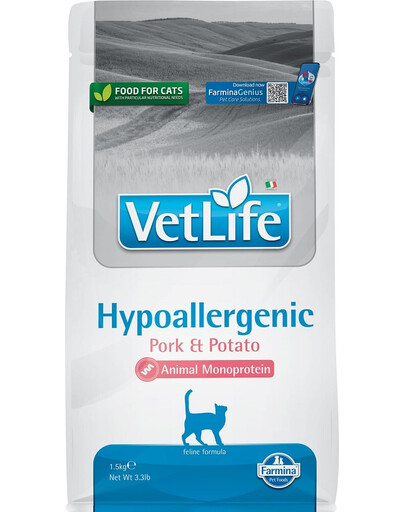 FARMINA VetLife Hypoallergenic Adult Pork Potato kompletné diétne krmivo pre mačky 1,5 kg