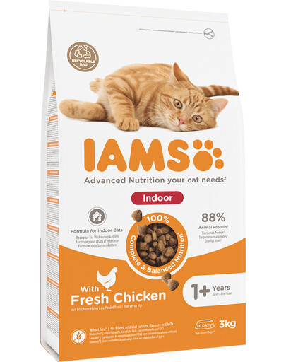 IAMS For Vitality Indoor Granule s kuracím mäsom pre dospelé mačky 3 kg