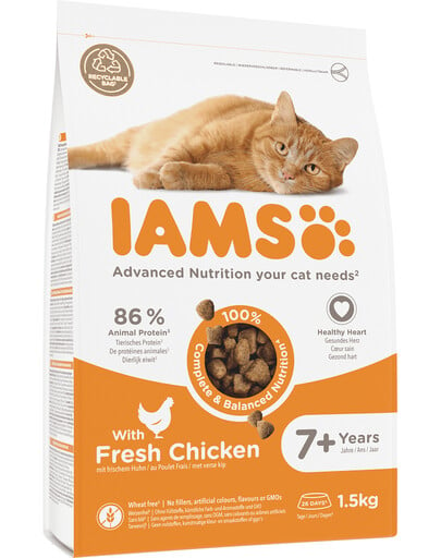 IAMS for Vitality Senior Granule pre staršie mačky s čerstvým kuracím mäsom 1,5 kg