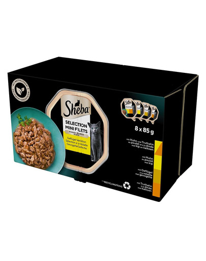 SHEBA Selection vaničky s kuracími príchuťami 8x85 g v omáčke s kuracím a morčacím kuracím mäsom, hydinou, morčacím mäsom