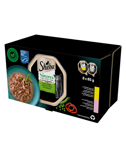 SHEBA Nature's Collection Mix chutí vo vaničke na omáčku 8x85g kuracie mäso s paprikou a losos s hráškom