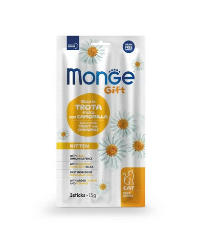 MONGE Gift Soft Sticks Kitten 15g Pstruh s rumančekom
