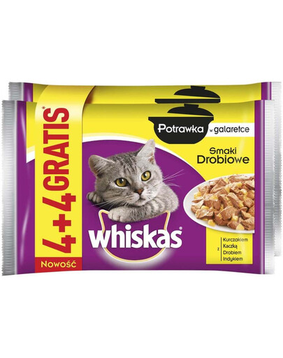 WHISKAS Potrawka w galaretce (1+ lat) Smaki Drobiowe 85g 4+4 GRATIS