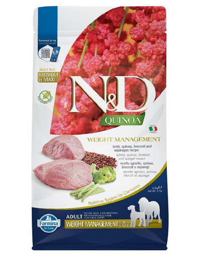 FARMINA N&D Quinoa Dog Adult medium maxi Weight management 2,5 kg Jahňacie mäso s brokolicou pre psov s nadváhou