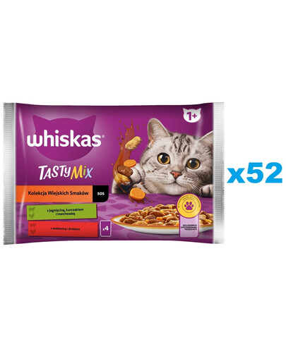 WHISKAS Adult Vidiecke príchute v omáčke 52 x 85g kúsky s jahňacím, kuracím a mrkvou, hovädzím a hydinovým mäsom