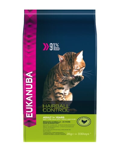 EUKANUBA Cat Hairball Control Adult Granule pre mačky kurča a pečeň 2 kg