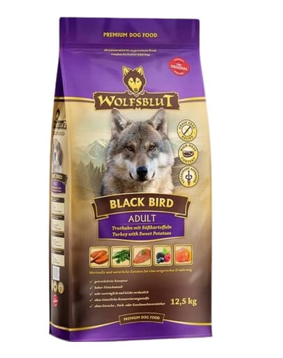 WOLFSBLUT Black Bird Adult sucha krmivo pre psov s morčacím mäsom a sladkými zemiakmi 12,5 kg