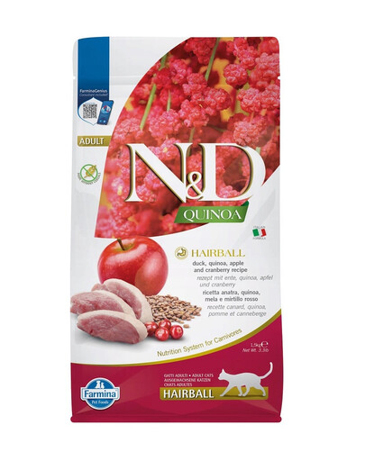 FARMINA N&D Quinoa Cat Hairball Duck 1,5 kg Krmivo s jablkom a brusnicou