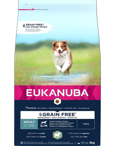 EUKANUBA Grain Free S/M Adult Jahňacie mäso 3 kg pre dospelé pasy malých a stredných plemien