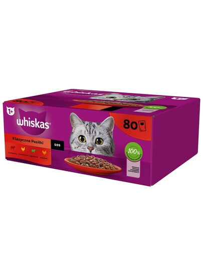 WHISKAS Adult Classic Meals 80 x 85 g kapsičky v omáčke s hovädzím, kuracím, jahňacím, hydinovým.