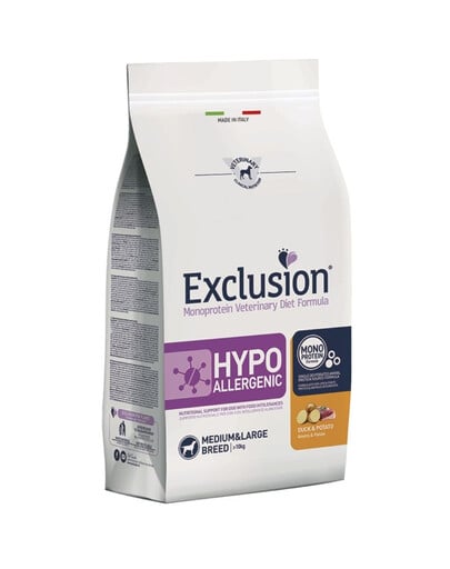 EXCLUSION Hypoallergenic medium large breeds krmivo s kačkou a zemiakmi pre stredné a veľké plemená psov 12 kg