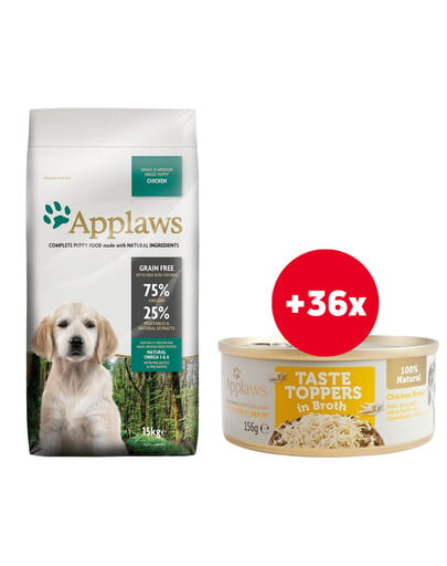 APPLAWS Dog Puppy Small & Medium Breed 15 kg + Taste Toppers kuracie mäso vo vývare 36x156 g ZADARMO