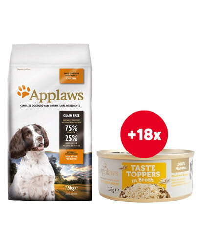 APPLAWS Dog Dry Adult pro malé a střední rasy kuřecí 7.5 kg + Taste Toppers kuracie mäso vo vývare 18x156 g ZADARMO