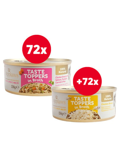 APPLAWS Taste Toppers Pierś kuracie mäso, losos, tekvica vo vývare 72x156 g + Taste Toppers Kuracie prsia vo vývare 72x156g ZADARMO