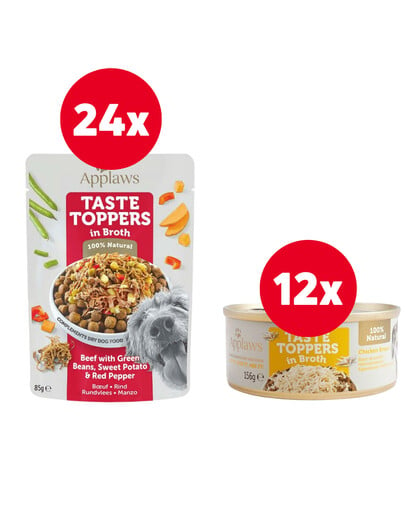 APPLAWS Taste Toppers Hovädzie mäso, zelené fazuľky, korenie vo vývare 24x 85 g + Taste Toppers kuracie mäso vo vývare 12x156 g ZADARMO