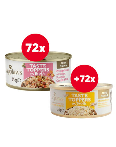 APPLAWS Taste Toppers Kuracie prsia, šunka a tekvica vo vývare 72x156 g + Taste Toppers kuracie mäso vo vývare 72 x 156 g ZADARMO