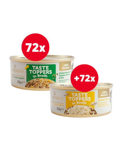 APPLAWS Taste Toppers Pierś kuracie mäso, tekvica, hrášok vo vývare 72x156 g + Taste Toppers Kuracie prsia vo vývare 72x156g ZADARMO