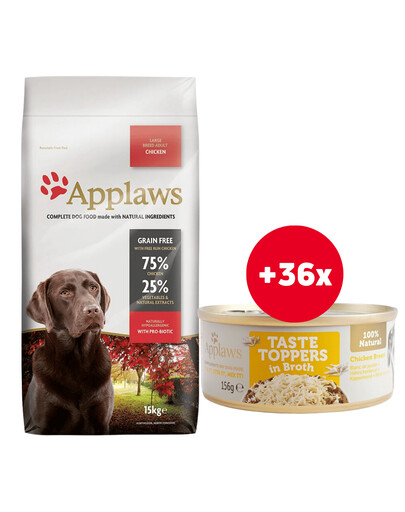 APPLAWS Dog Large Breed Chicken 15 kg + Taste Toppers kuracie mäso vo vývare 36x156 g