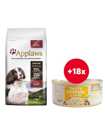 APPLAWS Dog Adult Small & Medium Breed Chicken & Lamb 7,5 kg + Taste Toppers kuracie mäso vo vývare 18x156g