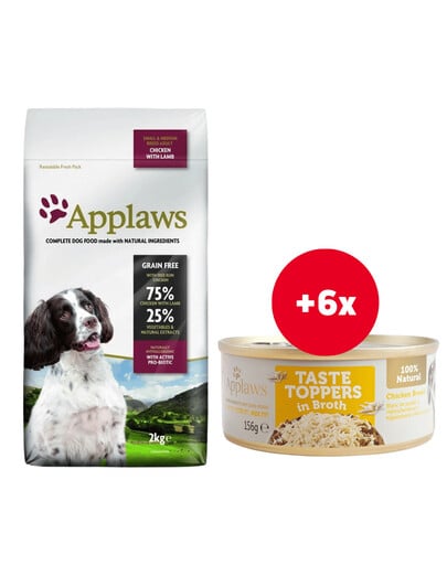 APPLAWS Dog Adult Small & Medium Breed Chicken & Lamb 3x2kg+ Taste Toppers Kuracie prsia vo vývare 6x156g ZADARMO