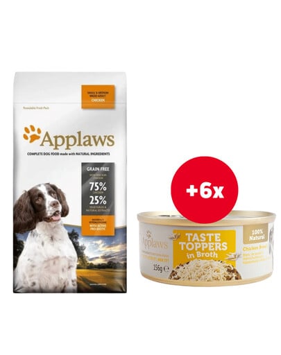 APPLAWS Dog Adult Small & Medium Breed Chicken 3x2 kg + Taste Toppers Kuracie prsia vo vývare 6x156g ZADARMO