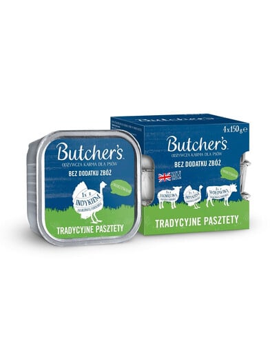 BUTCHER'S Original Tradičné paštéty Mix chutí so zeleninou 4x150 g jahňacie, morčacie a hovädzie paštéty pre psov