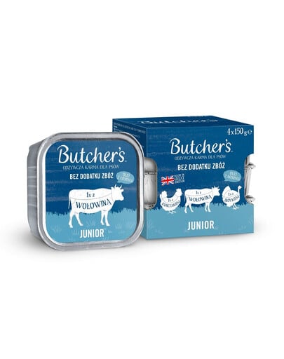 BUTCHER'S Original Junior Mix príchutí 4x150 g paštéta s kuracím, hovädzím a morčacím mäsom pre šteniatka