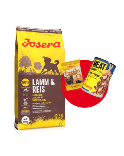 JOSERA Lamm&Reis 12,5kg + Meatlovers 400g & Denties 180g ZADARMO