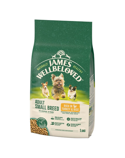 JAMES WELLBELOVED Adult 1,5 kg Kompletné krmivo pre dospelých psov malých plemien 6 mesiacov - 10 rokov bohaté na morku a ryžu