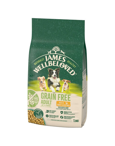 JAMES WELLBELOVED Adult 1,5 kg Kompletné bezobilné krmivo pre dospelých psov vo veku 1-7 rokov bohaté na morku a zeleninu