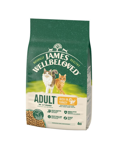 JAMES WELLBELOVED Adult 4 kg Kompletné krmivo pre dospelé mačky vo veku 1-7 rokov bohaté na morčacie mäso