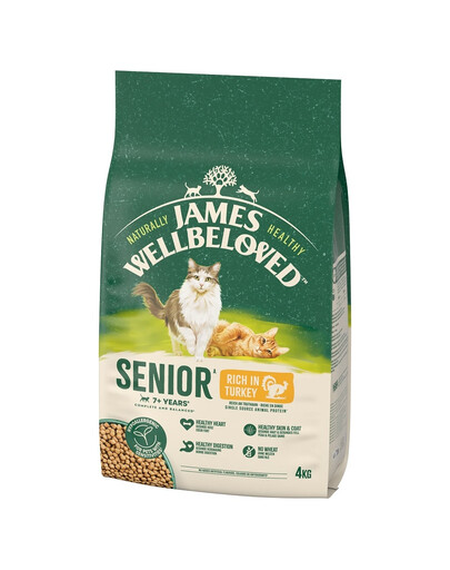 JAMES WELLBELOVED Senior 4 kg Kompletné krmivo pre staršie mačky nad 7 rokov bohaté na morky