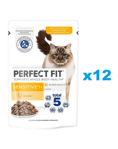 PERFECT FIT Sensitive 1+ 12 x 85 g vrecúšok kompletného mokrého krmiva pre dospelé mačky s kuracím mäsom v omáčke