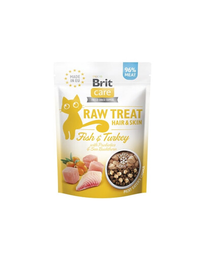 BRIT Care Raw Treat Freeze Dried Hair Skin Cat 40 g mrazom sušená pochúťka Ryba a morka s probiotikami pre mačky