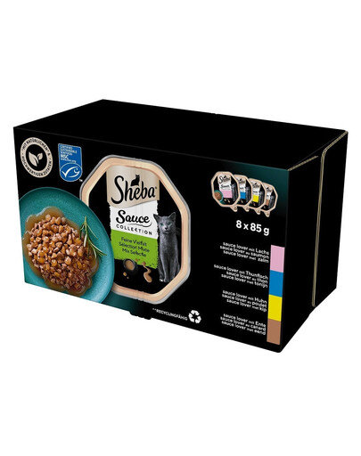 SHEBA Sauce Collection Výber príchutí vaničky 4x8x85g kompletné krmivo pre dospelé mačky v kúskoch omáčky s lososom, tuniakom, kuracím mäsom, kačicou