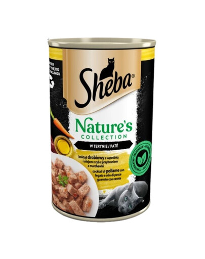 SHEBA Nature's Collection 6×400 g konzerva s hydinou, pečeňou, rybím olejom a mrkvou pre dospelé mačky