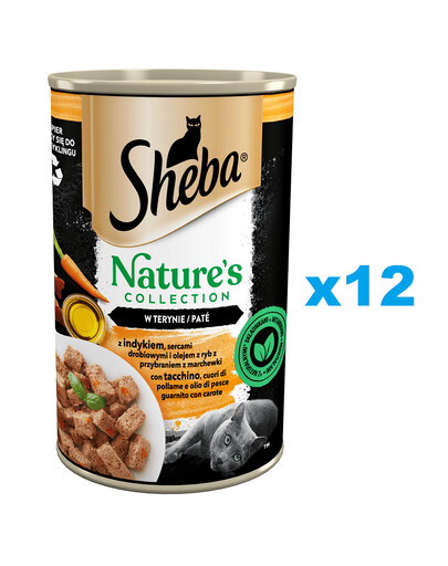 SHEBA konzerva 12x400 g Nature's Collection kompletné krmivo pre dospelé mačky s morčacím, hydinovým srdcom a rybím olejom s mrkvovou oblohou v paštéte