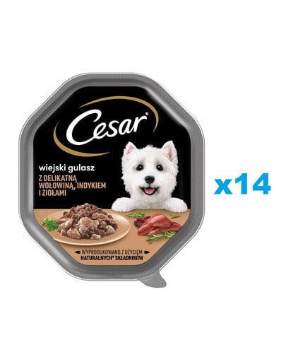 CESAR tácka 14x150 g kompletné mokré krmivo pre dospelých psov v omáčke s jemným hovädzím, morčacím mäsom a bylinkami