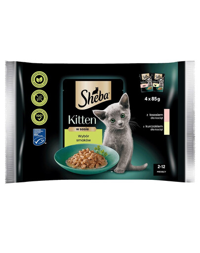 SHEBA Kitten Výber príchutí v omáčke 4x85g krmivo s lososom a kuracím mäsom pre mačiatka