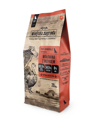 WIEJSKA ZAGRODA Hovädzie s morčacím mäsom pre psov L 20 kg