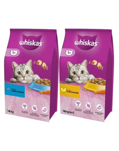 WHISKAS Adult 14kg s kuracím mäsom a zeleninou + WHISKAS Adult 14kg s tuniakom a zeleninou